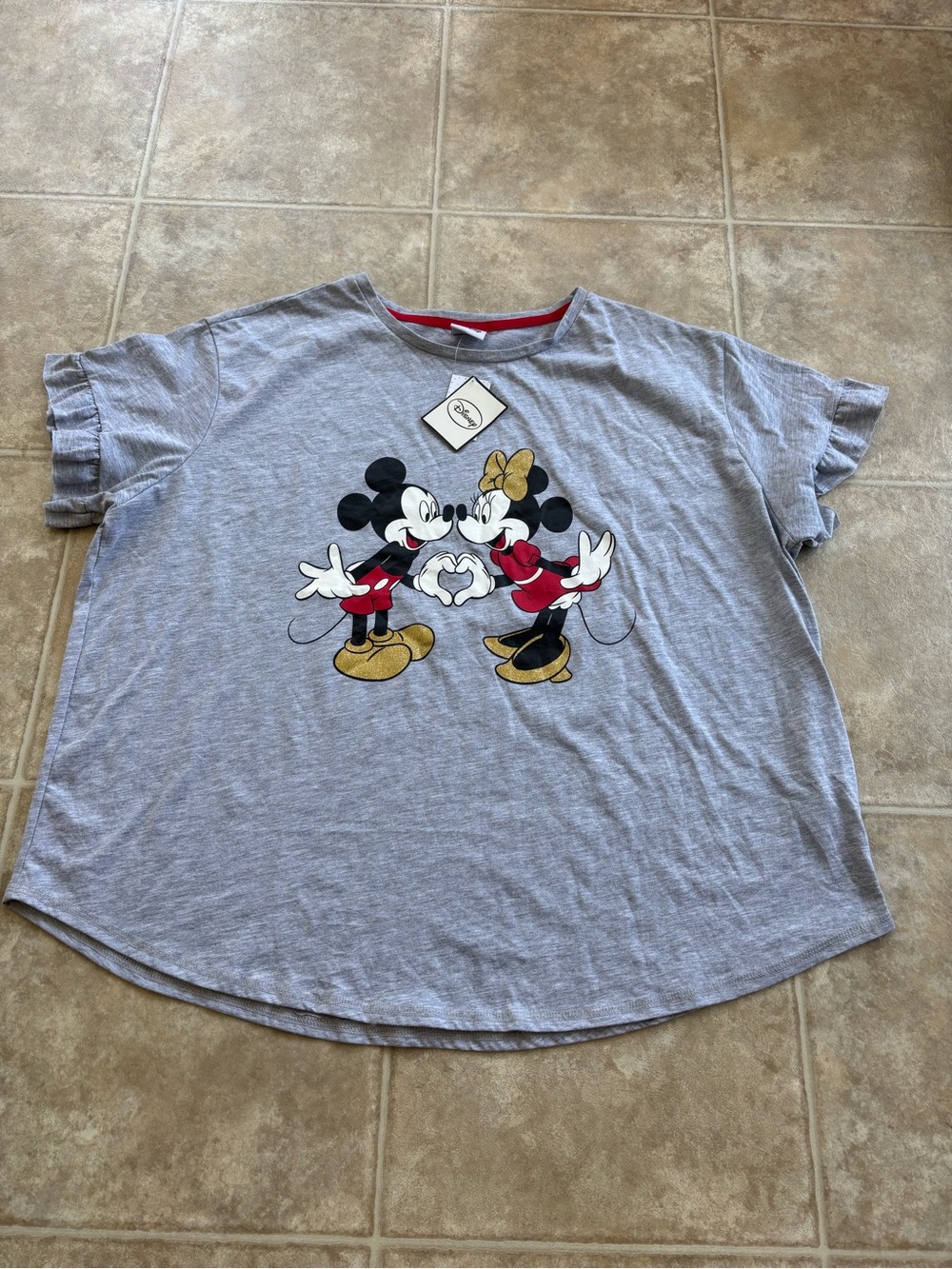 Disney Mickey & Minnie Kiss Graphic Tee - Gray with Red & Gold Accents